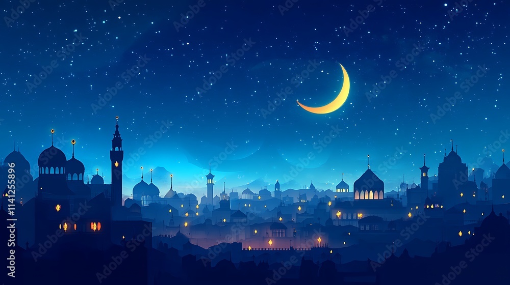 Naklejka premium Nighttime Silhouette Of A City Underneath A Crescent Moon