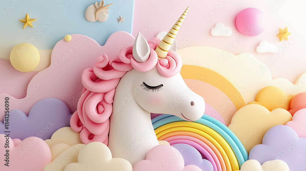 Naklejka premium A 3D unicorn head resting on a flat 2D rainbow-filled fantasy scene