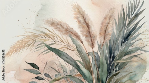 A soft boho-inspired watercolor background in pastel tones, with delicate botanical elements like pampas grass, eucalyptus leaves, and abstract flowing shapes for a serene and aesthetic vibe.