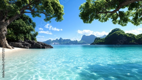 Serene tropical beach with clear water and lush greenery.