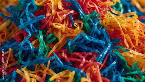 Macro Shot of Colorful Shredded Plastic Pieces in Gradient Pattern photo