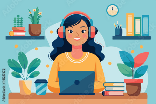 Cheerful young woman in headphones having web conference while working from home