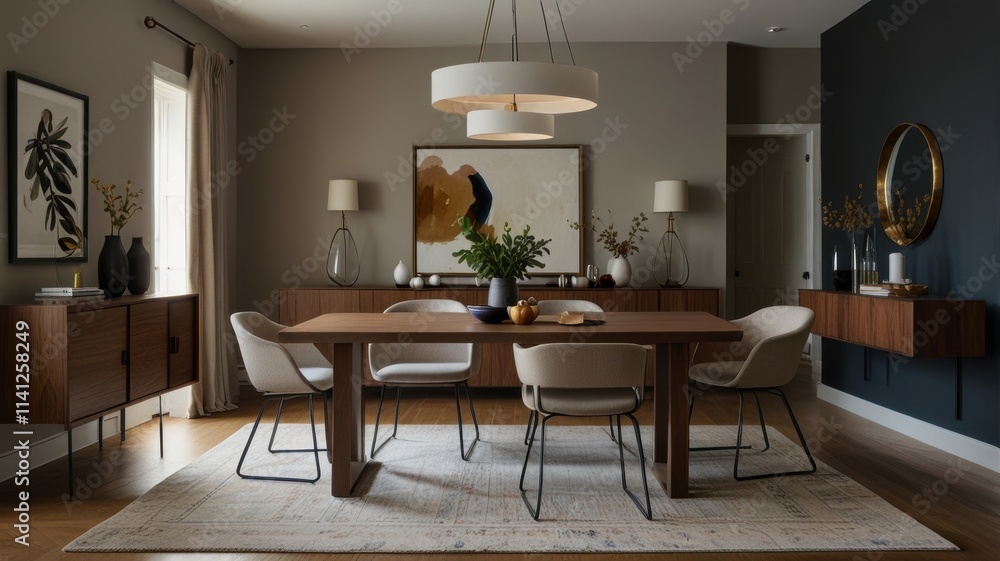 A dining room with a simple wooden table, sleek chairs, a neutral rug, and a pendant light, styled with minimal table decor for a timeless look A dining room with a simple wooden table, sleek chairs, a neutral rug, and a pendant light, styled with minimal table decor for a timeless look