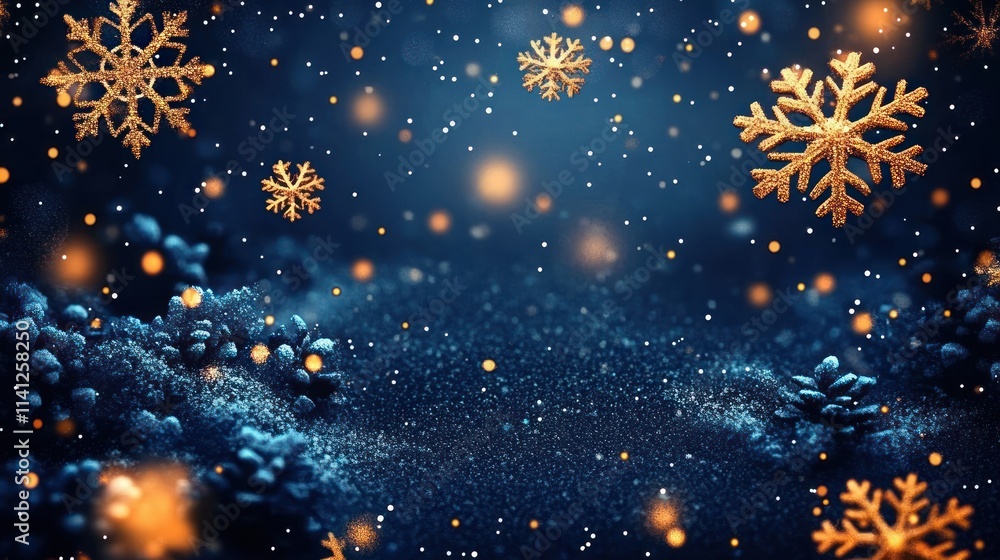 blue christmas background with glowing gold snowflakes and warm bokeh lights blue christmas background with glowing gold snowflakes and warm bokeh lights