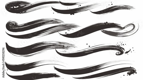 Brush line stroke squiggly paint set, featuring hand-drawn doodle swirls, waves, and curly charcoal strokes. 