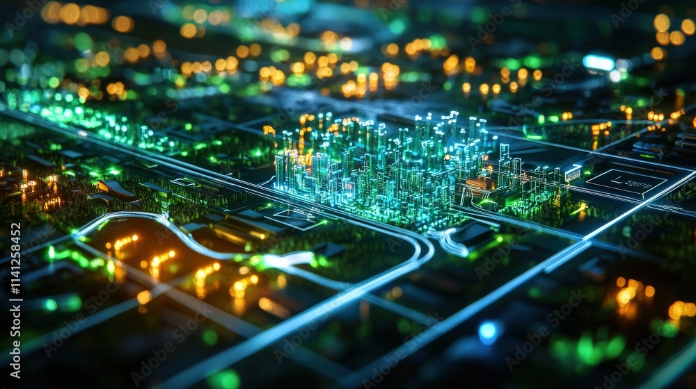 Obraz premium A hyperdetailed city infrastructure project model displayed on a digital interactive board