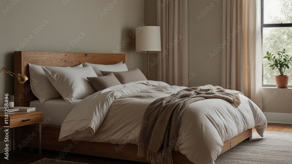 A minimalist bedroom featuring a low-profile bed with white linens, light wooden nightstands, and soft lighting, accented by a beige throw blanket. A minimalist bedroom featuring a low-profile bed with white linens, light wooden nightstands, and soft lighting, accented by a beige throw blanket.