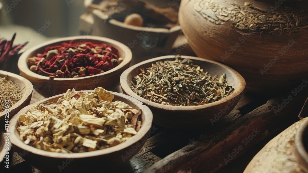 Dried Herbs and Spices in Wooden Bowls Dried Herbs and Spices in Wooden Bowls