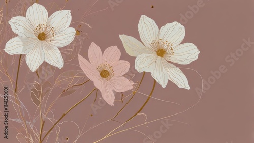 a minimalist line art featuring large white flowers with long stems and delivate petals. the background is a soft , neutral color with abstract shapes in a pink and gold and white photo