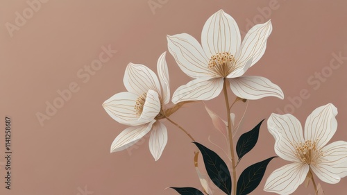 a minimalist line art featuring large white flowers with long stems and delivate petals. the background is a soft , neutral color with abstract shapes in a pink and gold and white