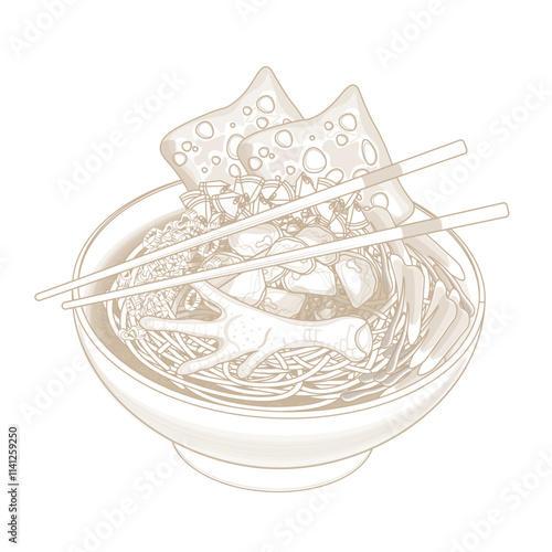 Vector Illustration Logo Line art Mie ayam ceker or Indonesian Chicken noodles soup