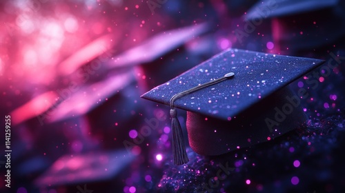 Graduation Celebration Background for Class of 2025 with Floating Caps and Dreamy Lights photo