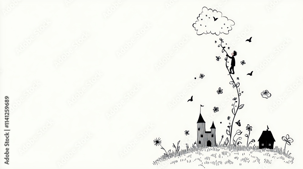 A whimsical black-and-white illustration depicting a boy climbing a vine towards a castle. A whimsical black-and-white illustration depicting a boy climbing a vine towards a castle.
