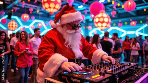 Wallpaper Mural Merry music mashup! Santa spins tunes on a DJ controller, donning a festive red coat with snowy trim, mixing holiday cheer with beats in a cavernous winter wonderland setting Torontodigital.ca