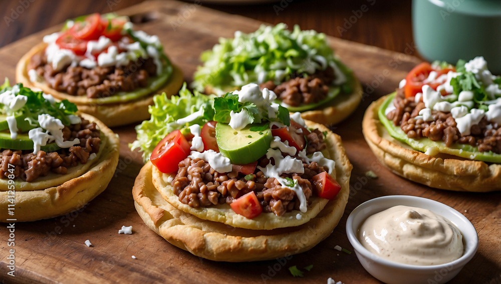 Colorful Platter of Sopes with Refried Beans and Toppings Colorful Platter of Sopes with Refried Beans and Toppings
