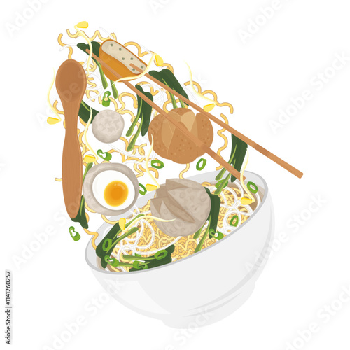 Vector Illustration Logo Clipart Levitation Bakso komplit or indonesian meatballs soup