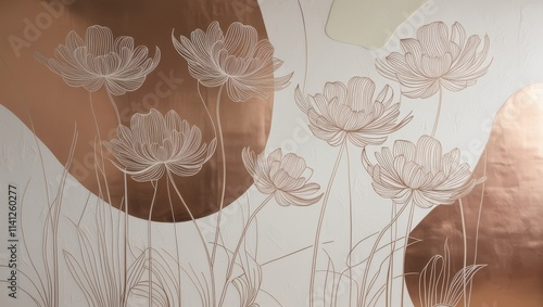 A minimalist line art wall mural featuring large, elegant white flowers with slender, curved stems and delicate, overlapping petals, varying in size and shape, against a soft, creamy beige background