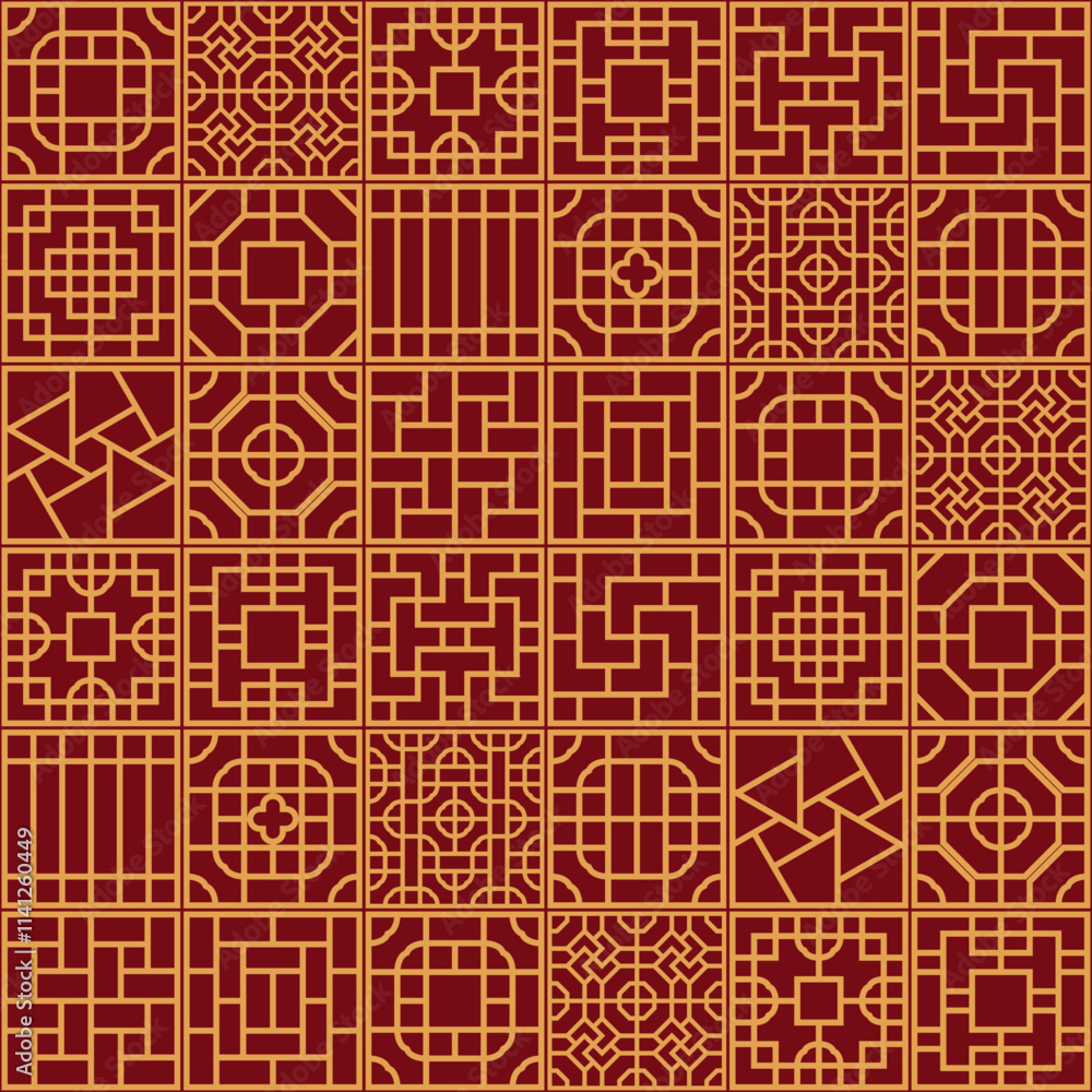Fototapeta premium Chinese Antique Square Carved Wood Window Seamless Pattern
