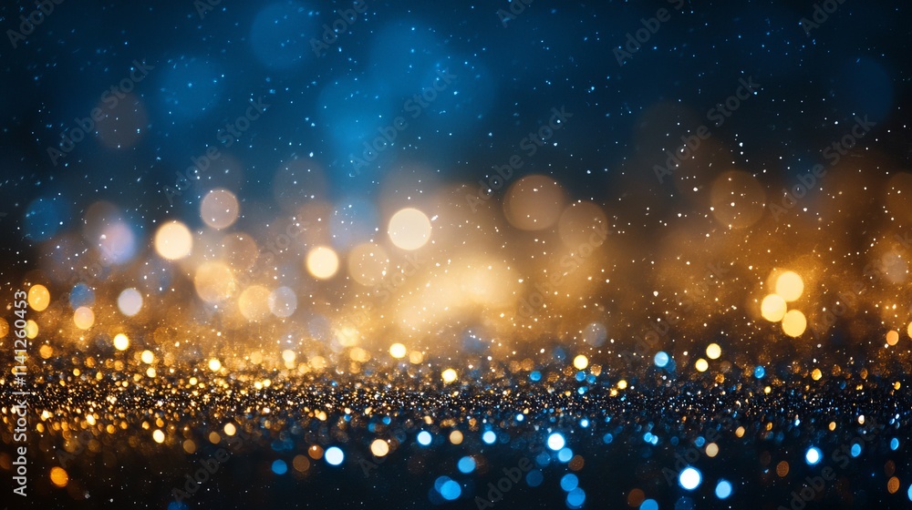 Obraz premium Abstract glitter lights with gold, blue, and black tones in soft focus background