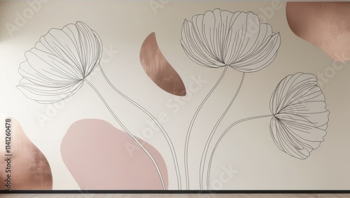 A minimalist line art wall mural featuring large, elegant white flowers with slender, curved stems and delicate, overlapping petals, varying in size and shape, against a soft, creamy beige background