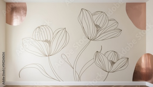 A minimalist line art wall mural featuring large, elegant white flowers with slender, curved stems and delicate, overlapping petals, varying in size and shape, against a soft, creamy beige background