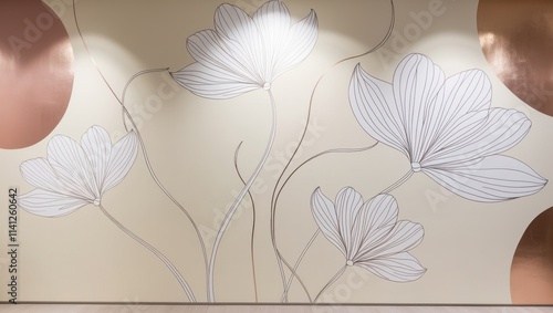 A minimalist line art wall mural featuring large, elegant white flowers with slender, curved stems and delicate, overlapping petals, varying in size and shape, against a soft, creamy beige background