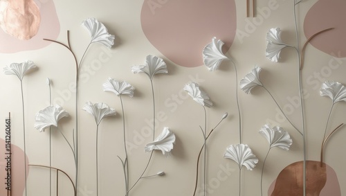 A minimalist line art wall mural featuring large, elegant white flowers with slender, curved stems and delicate, overlapping petals, varying in size and shape, against a soft, creamy beige background