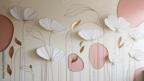 A minimalist line art wall mural featuring large, elegant white flowers with slender, curved stems and delicate, overlapping petals, varying in size and shape, against a soft, creamy beige background
