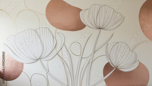 A minimalist line art wall mural featuring large, elegant white flowers with slender, curved stems and delicate, overlapping petals, varying in size and shape, against a soft, creamy beige background