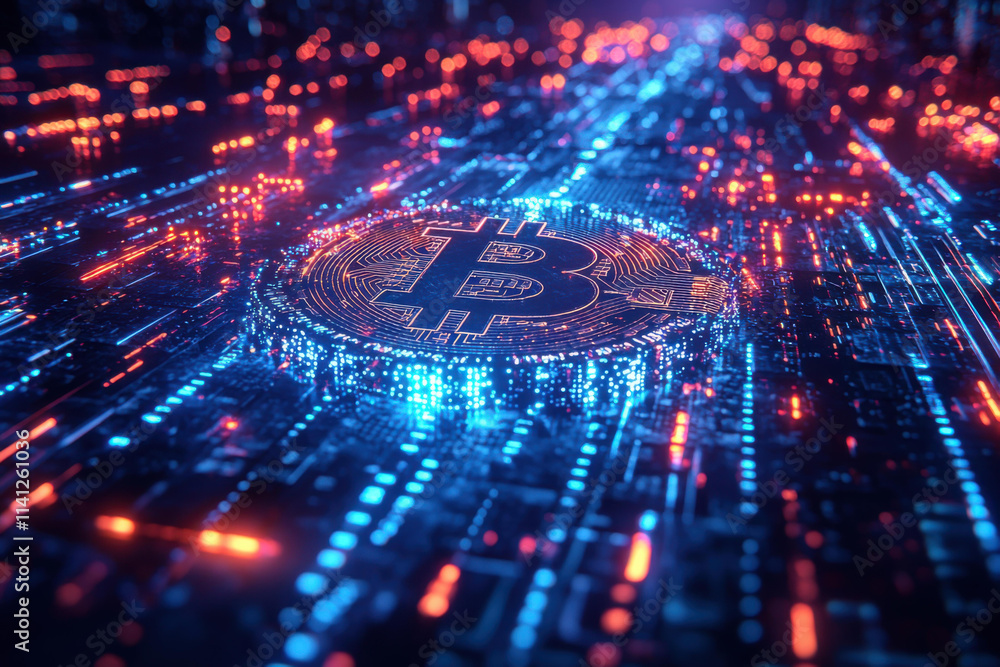 Digital representation of blockchain technology with glowing Bitcoin symbol Digital representation of blockchain technology with glowing Bitcoin symbol