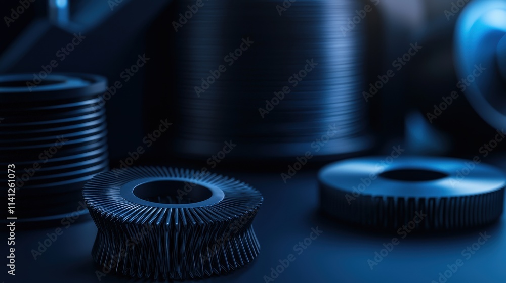 A printed mechanical part displayed alongside filament spools and a futuristic printer