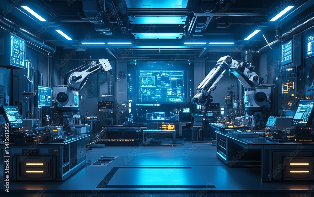 Hightech Industry 40 smart factory with robotic arms and automated machinery Hightech Industry 40 smart factory with robotic arms and automated machinery