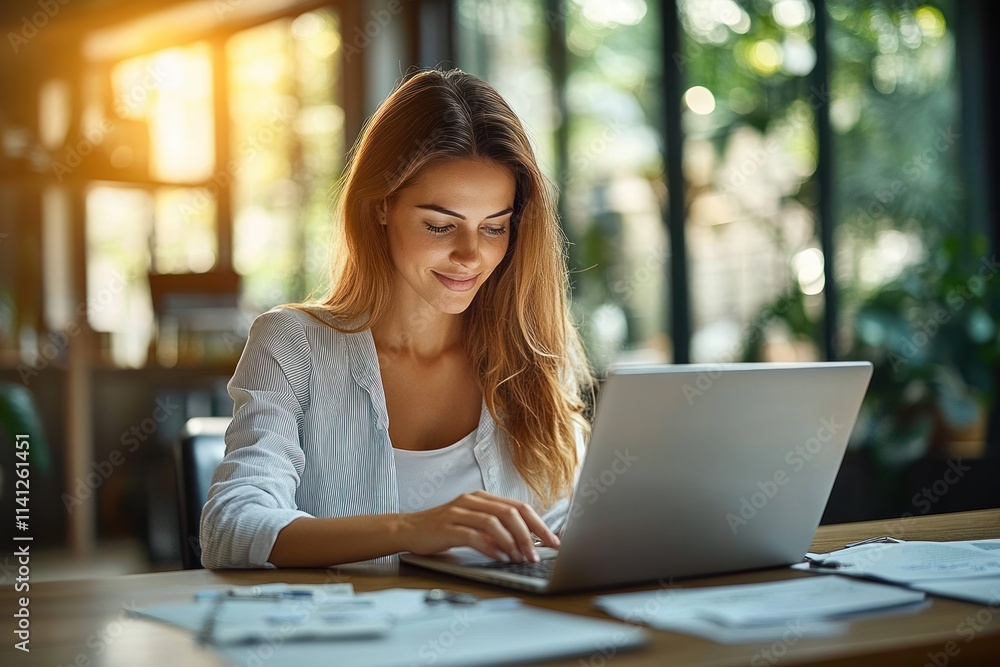 Cheerful mid-aged businesswoman working on laptop in modern office smiling at work professional manager in corporate environment Cheerful mid-aged businesswoman working on laptop in modern office smiling at work professional manager in corporate environment