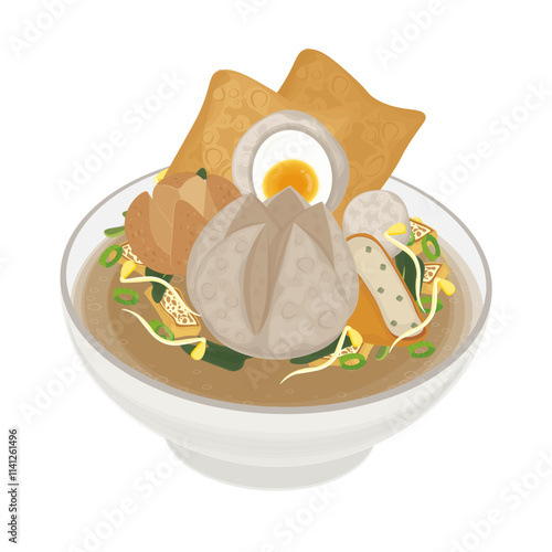 Vector Illustration Logo Clipart Bakso Kuah komplit or indonesian meatballs soup on a white bowl