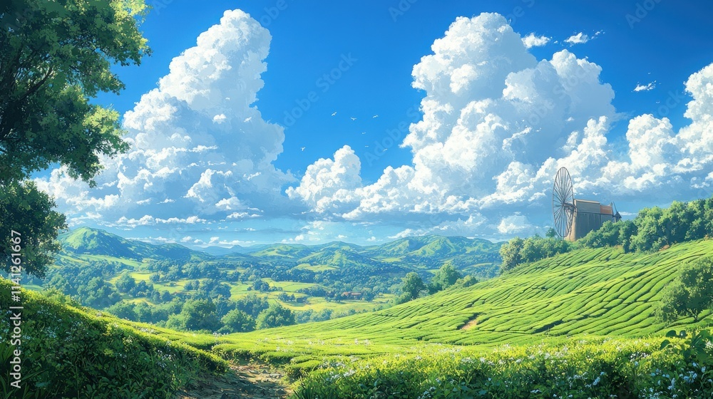 Fototapeta premium Vibrant Tea Fields Landscape with Happy Characters and Fresh Nature