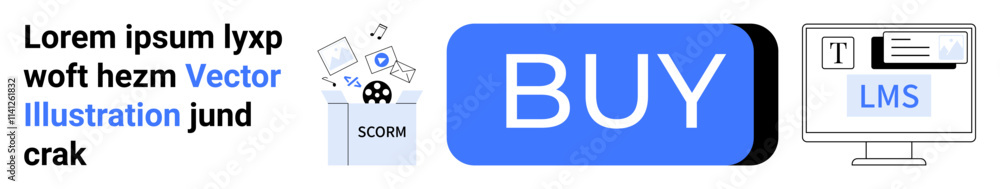 Blue BUY button, SCORM symbol with papers and gears, LMS computer illustration ideal for online learning, e-commerce, education platforms, user engagement, digital products, landing pages Blue BUY button, SCORM symbol with papers and gears, LMS computer illustration ideal for online learning, e-commerce, education platforms, user engagement, digital products, landing pages