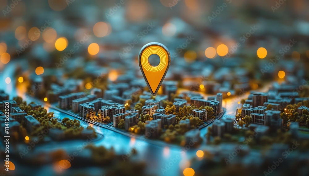 Miniature city model with a large geo pin placed prominently Miniature city model with a large geo pin placed prominently