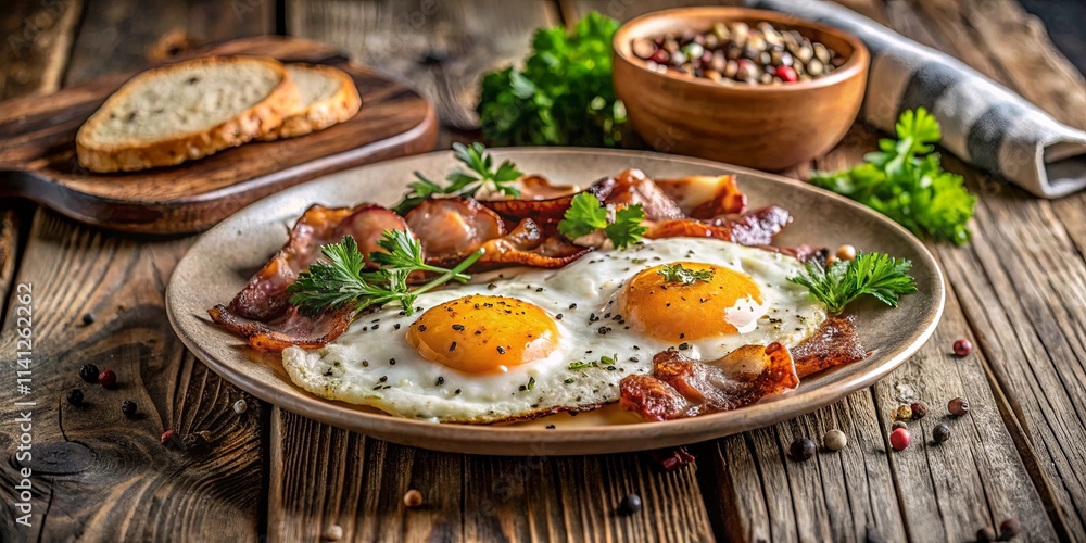 Delicious fried eggs and crispy bacon served on a rustic wooden table with fresh herbs and peppercorns. Delicious fried eggs and crispy bacon served on a rustic wooden table with fresh herbs and peppercorns.