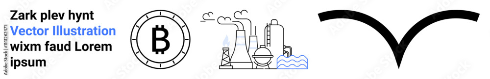 Obraz premium Text elements, cryptocurrency coin with Bitcoin symbol, industrial plant emitting smoke, simple bird-shaped symbol. Ideal for fintech, blockchain, industry, pollution, manufacturing, minimalism