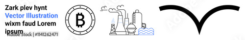 Text elements, cryptocurrency coin with Bitcoin symbol, industrial plant emitting smoke, simple bird-shaped symbol. Ideal for fintech, blockchain, industry, pollution, manufacturing, minimalism