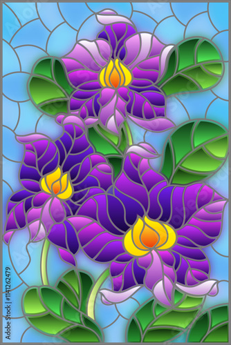 An illustration in the style of a stained glass window with orchid flowers on a blue sky background