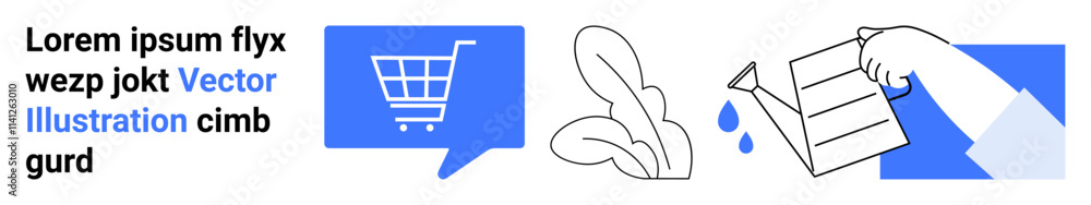 Shopping cart inside a speech bubble, hands holding leaves, package opened with water drops. Ideal for e-commerce, customer support, delivery services, communication, sustainable practices Shopping cart inside a speech bubble, hands holding leaves, package opened with water drops. Ideal for e-commerce, customer support, delivery services, communication, sustainable practices