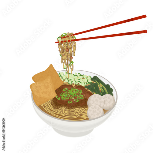 Vector Illustration Logo Clipart Ready to eat Mie Ayam Bakso Komplit or Indonesian Chicken Noodle soup with Meatball