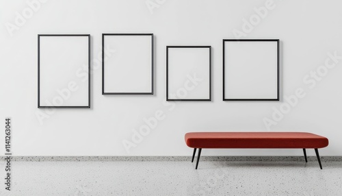 Modern gallery with four empty frames on white walls and a red bench nearby, side angle shot. photo