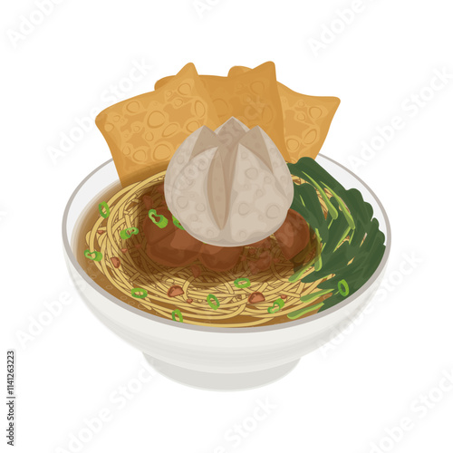 Vector Illustration Logo Clipart Mie ayam bakso or Indonesian Chicken noodle with Meatball