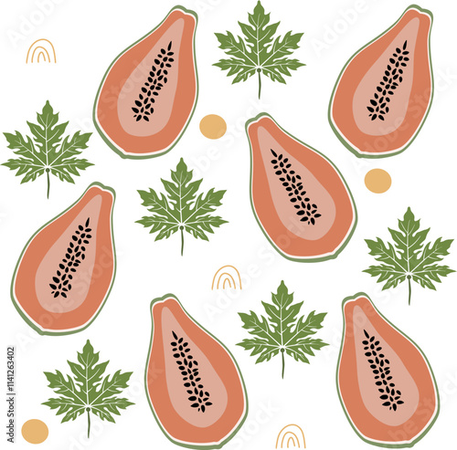 Simple seamless pattern with papaya fruit and leaves