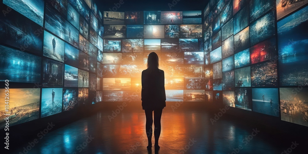 Woman Surrounded by Multiple Screens in an Immersive Multimedia Art Installation Showcasing Streaming and Broadcasting Concepts Woman Surrounded by Multiple Screens in an Immersive Multimedia Art Installation Showcasing Streaming and Broadcasting Concepts