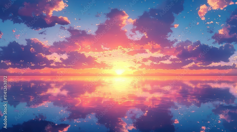 Fototapeta premium Animation Style Sunset Ocean View Landscape Illustration