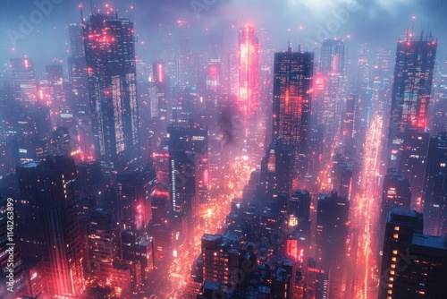Futuristic Cityscape at Night with Neon Lights and Digital Data Overlays in Cyberpunk Style