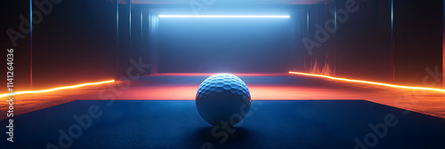 Golf ball under neon lights in futuristic dark room, glowing blue and orange reflections, dramatic sports concept, modern technology inspired scene, precision game equipment focus photo